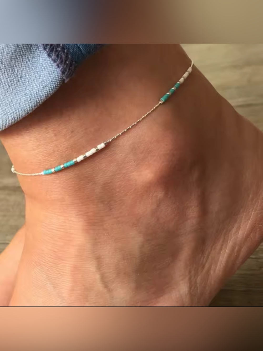 Turquoise White Beaded Anklet Minimalist Beach Boho Foot Jewelry